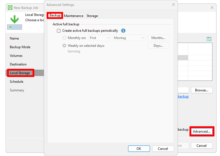 13 erweiterte Einstellungen Veeam Backup local storage add new job