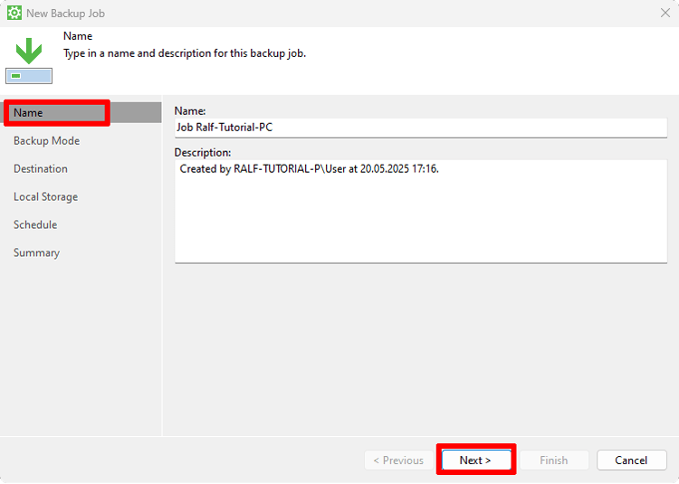 8 Veeam name add new job