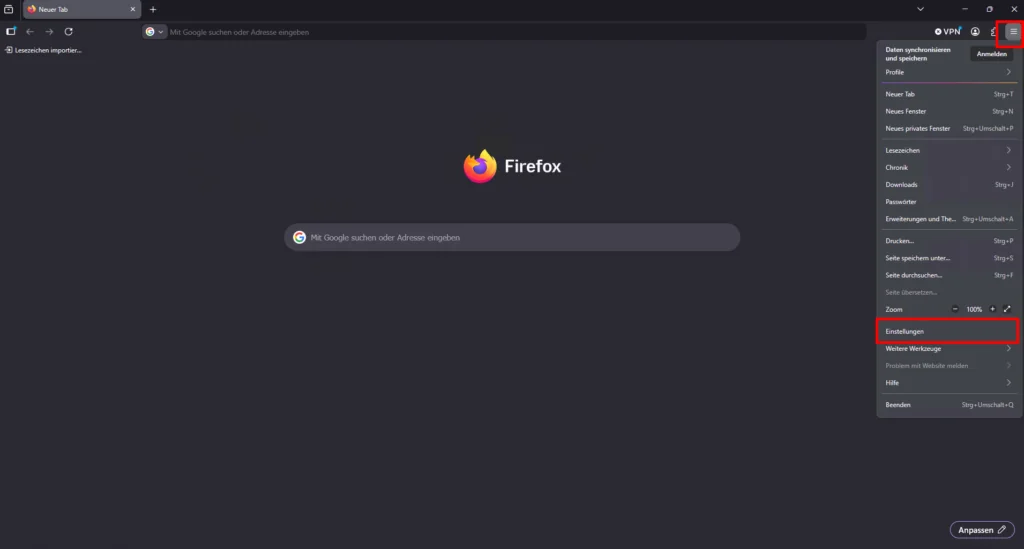 Firefox Einstellungen aufrufen