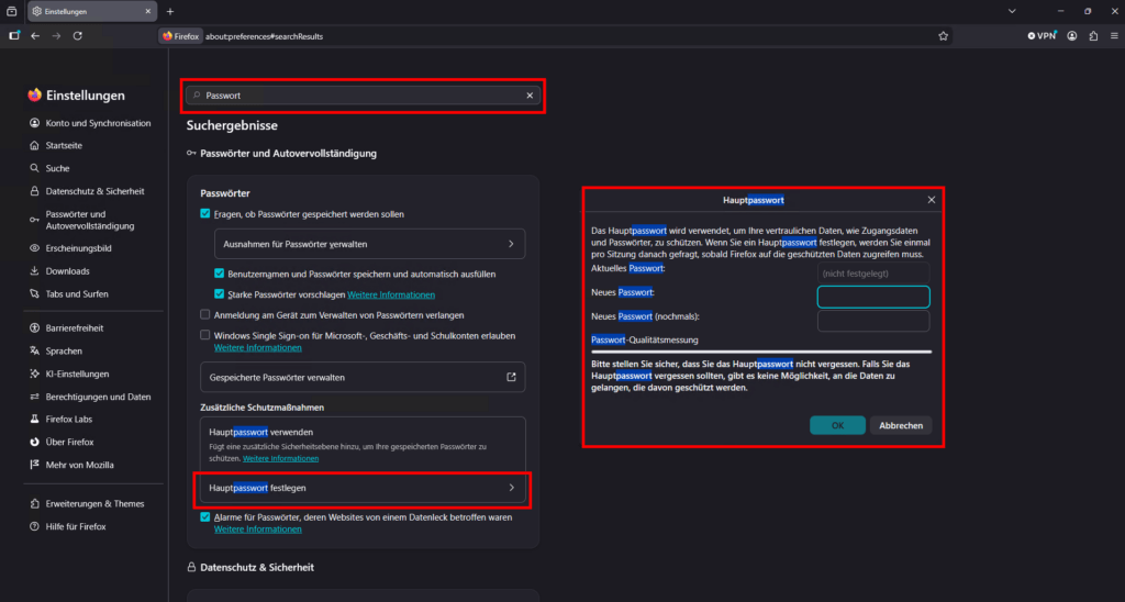Hauptpasswort in Firefox setzen