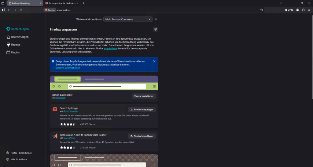 Firefox Erweiterungen Multi Account Containers suchen