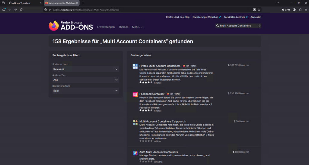 Firefox Erweiterungen Multi Account Containers finden