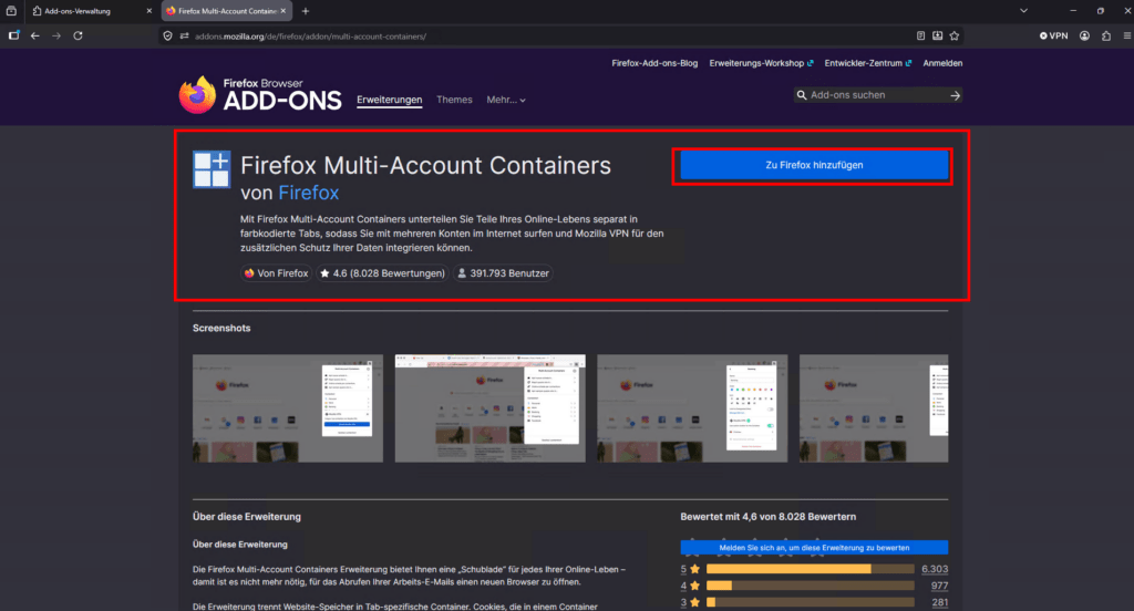 Firefox Erweiterungen Multi Account Containers hinzufügen