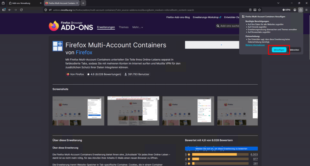 Firefox Erweiterungen Multi Account Containers hinzufügen 2